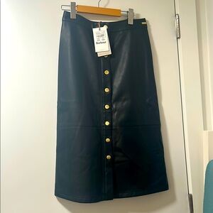 Barbour black leather-like A-line midi skirt with gold buttons US 6